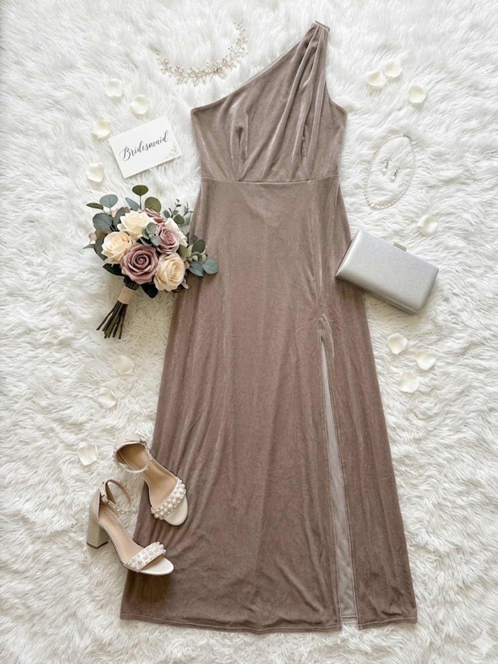 Kira Velvet One Shoulder Dress With Side Slit In Taupe